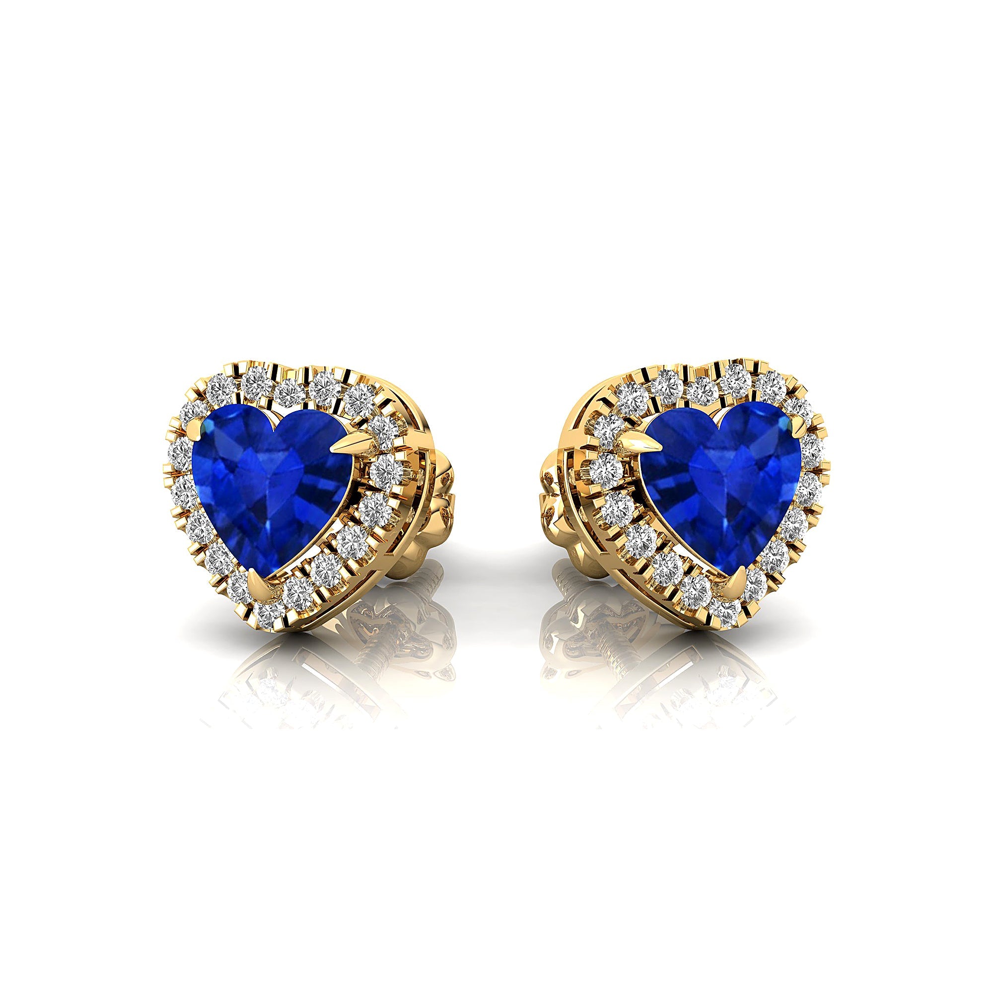 Heart Shaped Blue Sapphire Halo Diamond Stud Earrings - GeumJewels