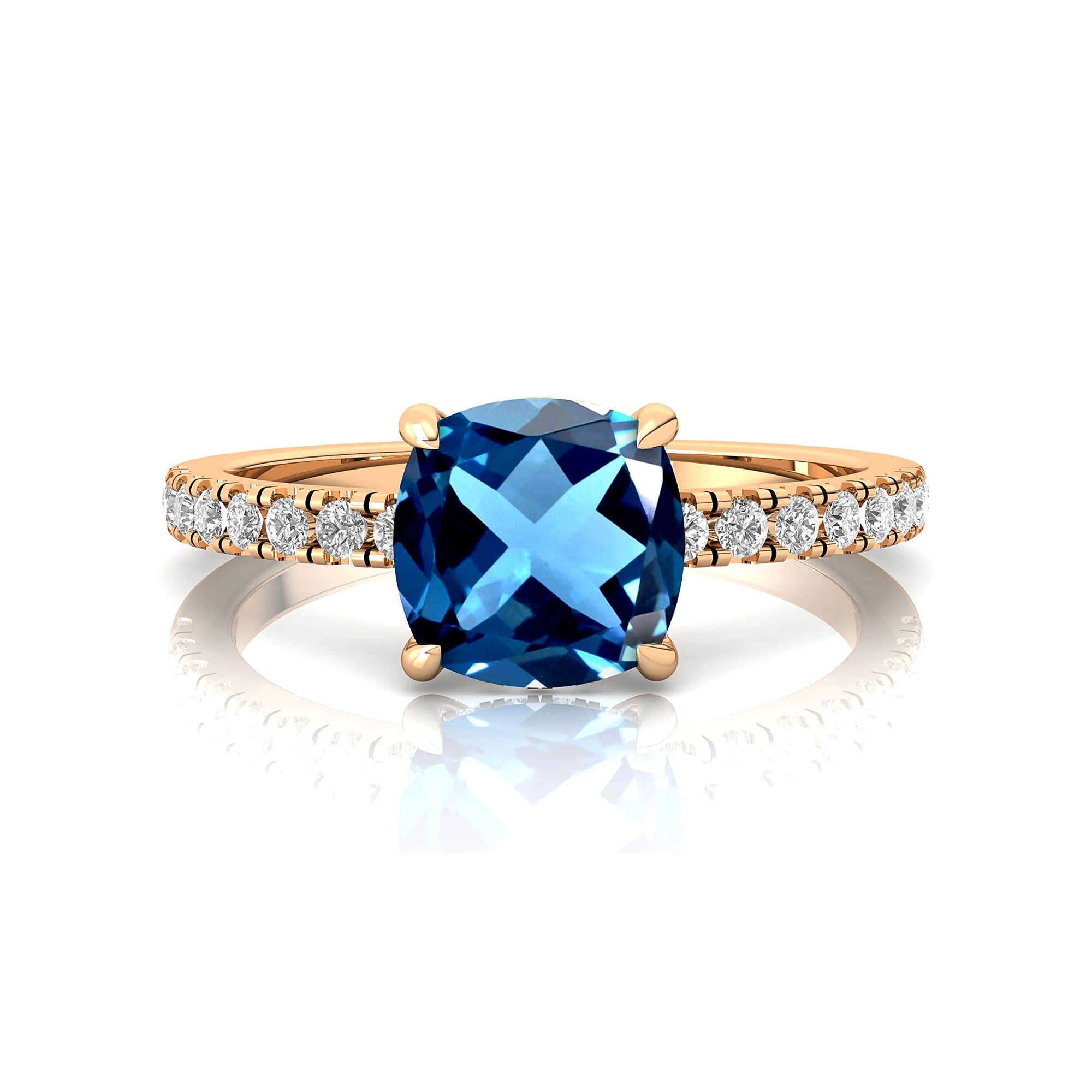 London Blue Topaz Square Cushion Under Halo Diamonds Thin Ring with Diamond Band - GeumJewels