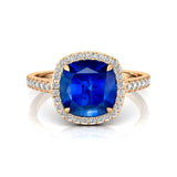 Halo Diamond Engagement Ring with Cushion Cut Blue Sapphire - GeumJewels