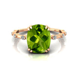 Cushion Cut Peridot Engagement Ring with Distant Diamond Band - GeumJewels