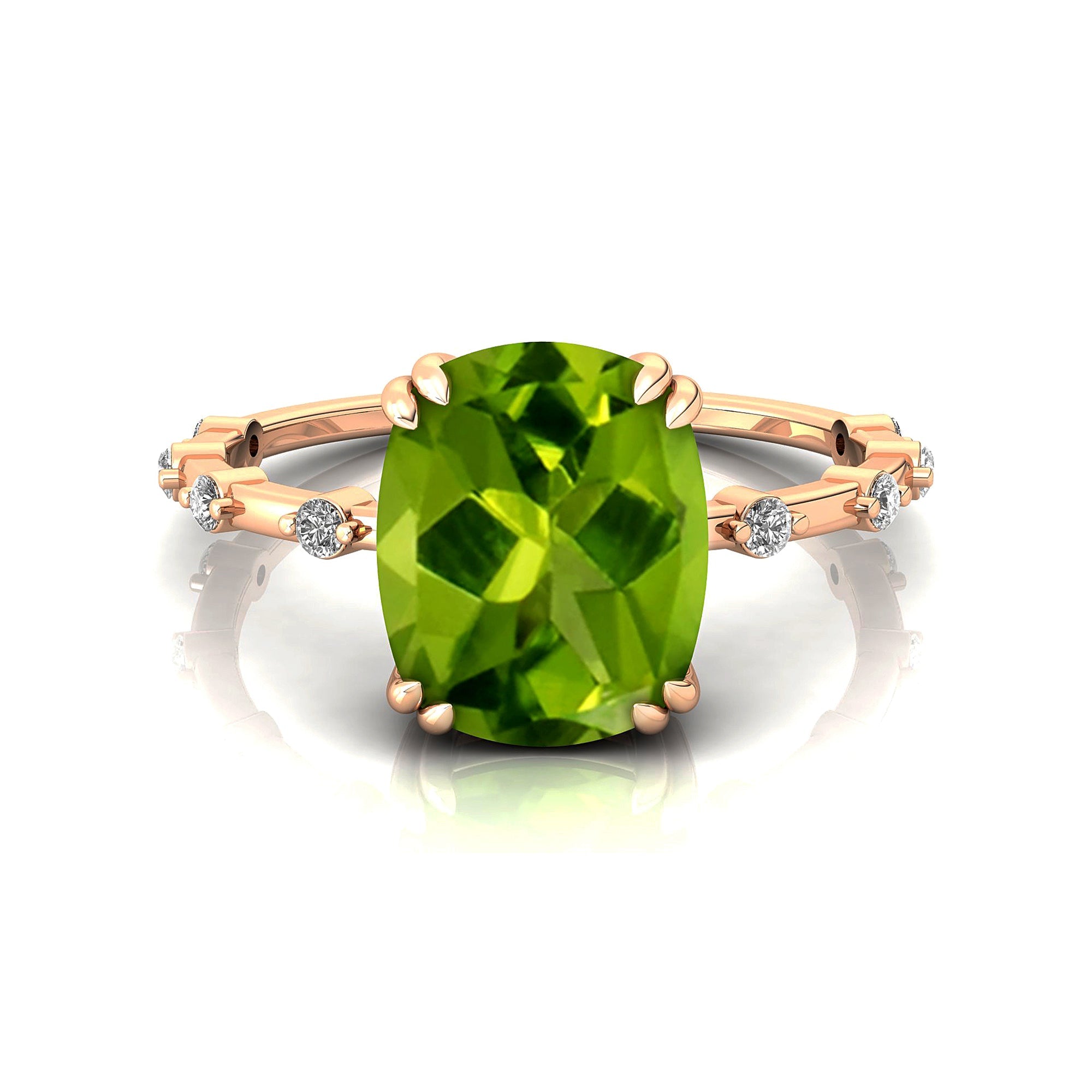 Cushion Cut Peridot Engagement Ring with Distant Diamond Band - GeumJewels