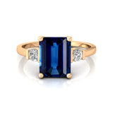Emerald Cut Blue Sapphire and Diamond Three Stone Ring - GeumJewels