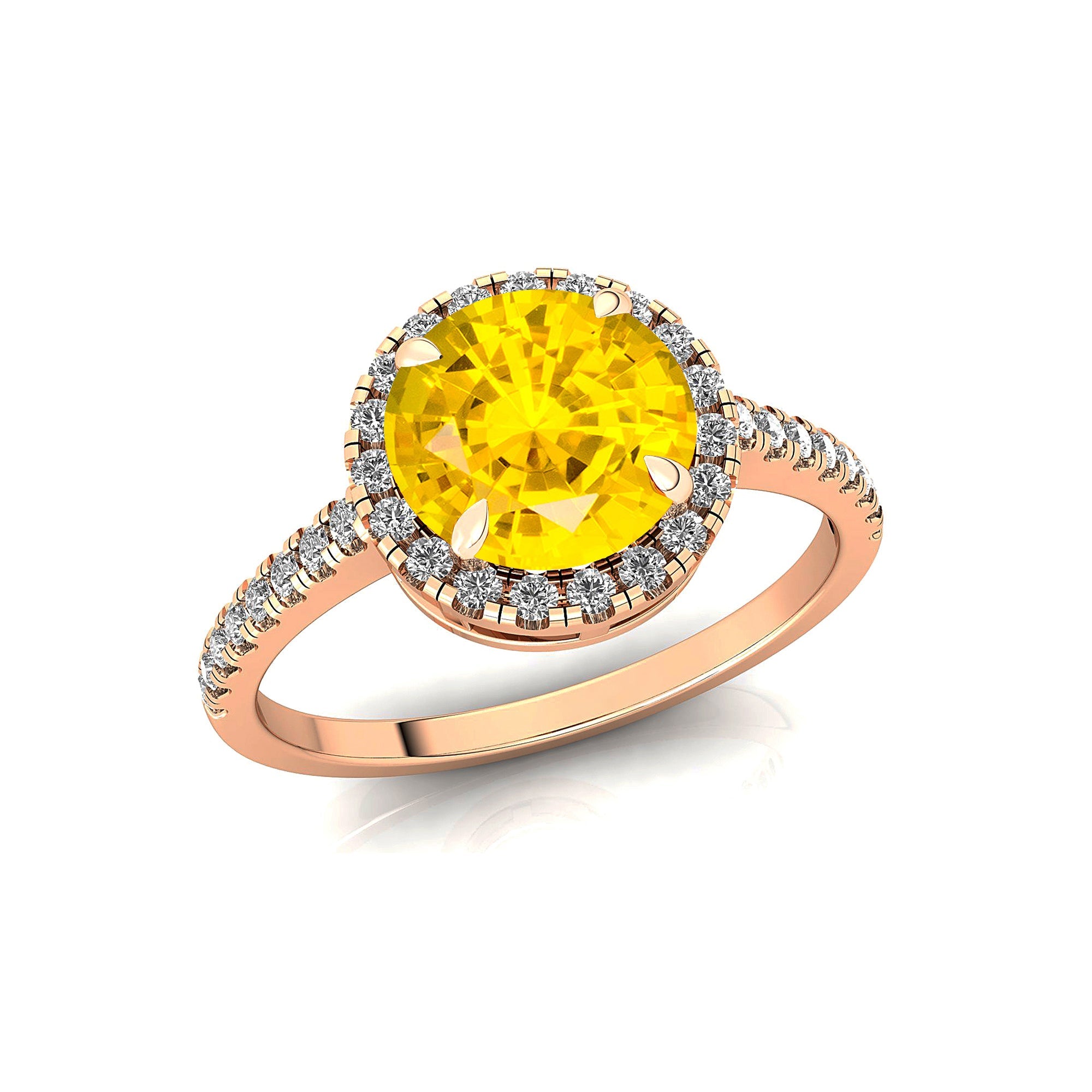 Classic Round Halo Diamonds with Solitaire Yellow Sapphire Engagement Ring - GeumJewels