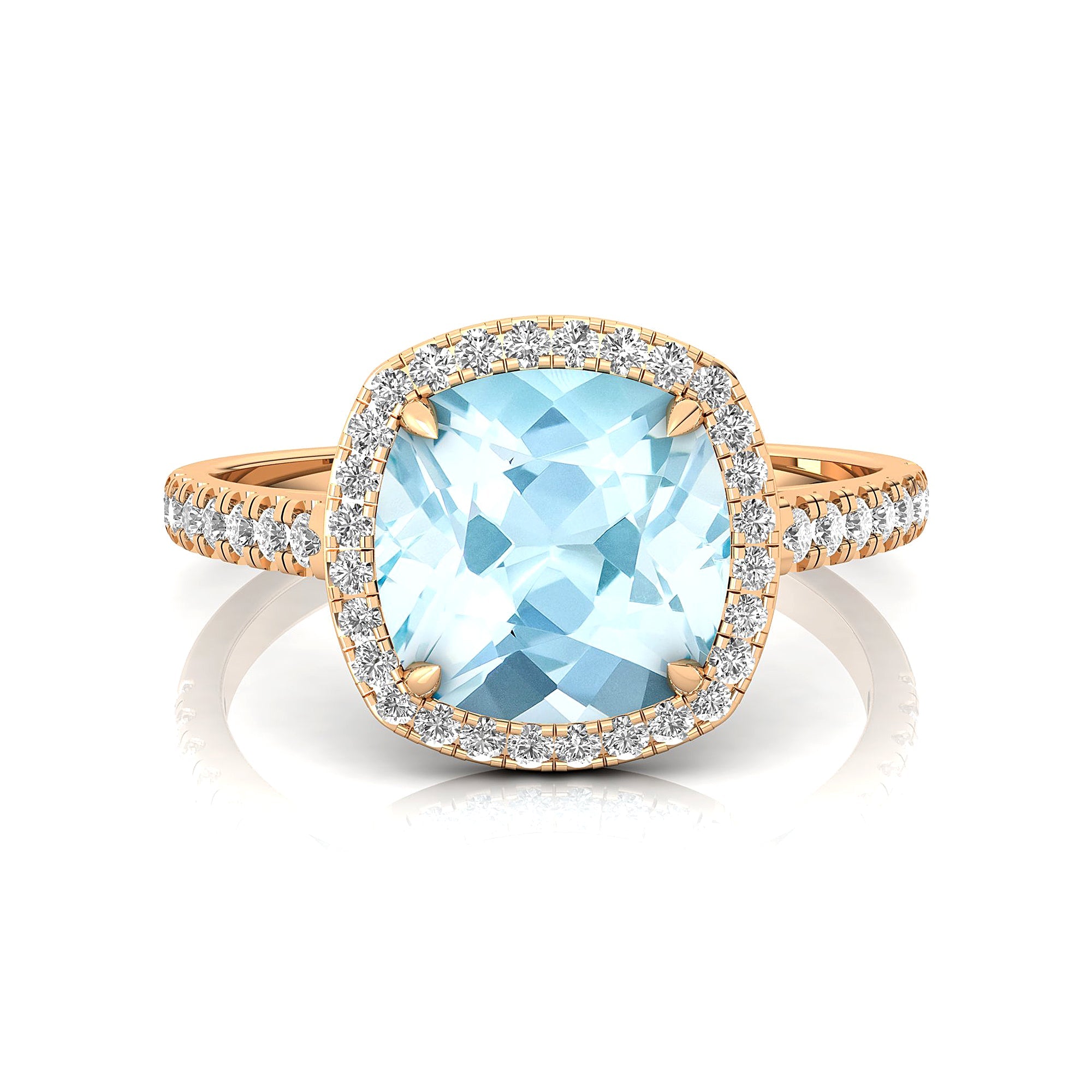 Halo Diamond Engagement Ring with Cushion Cut Aquamarine - GeumJewels