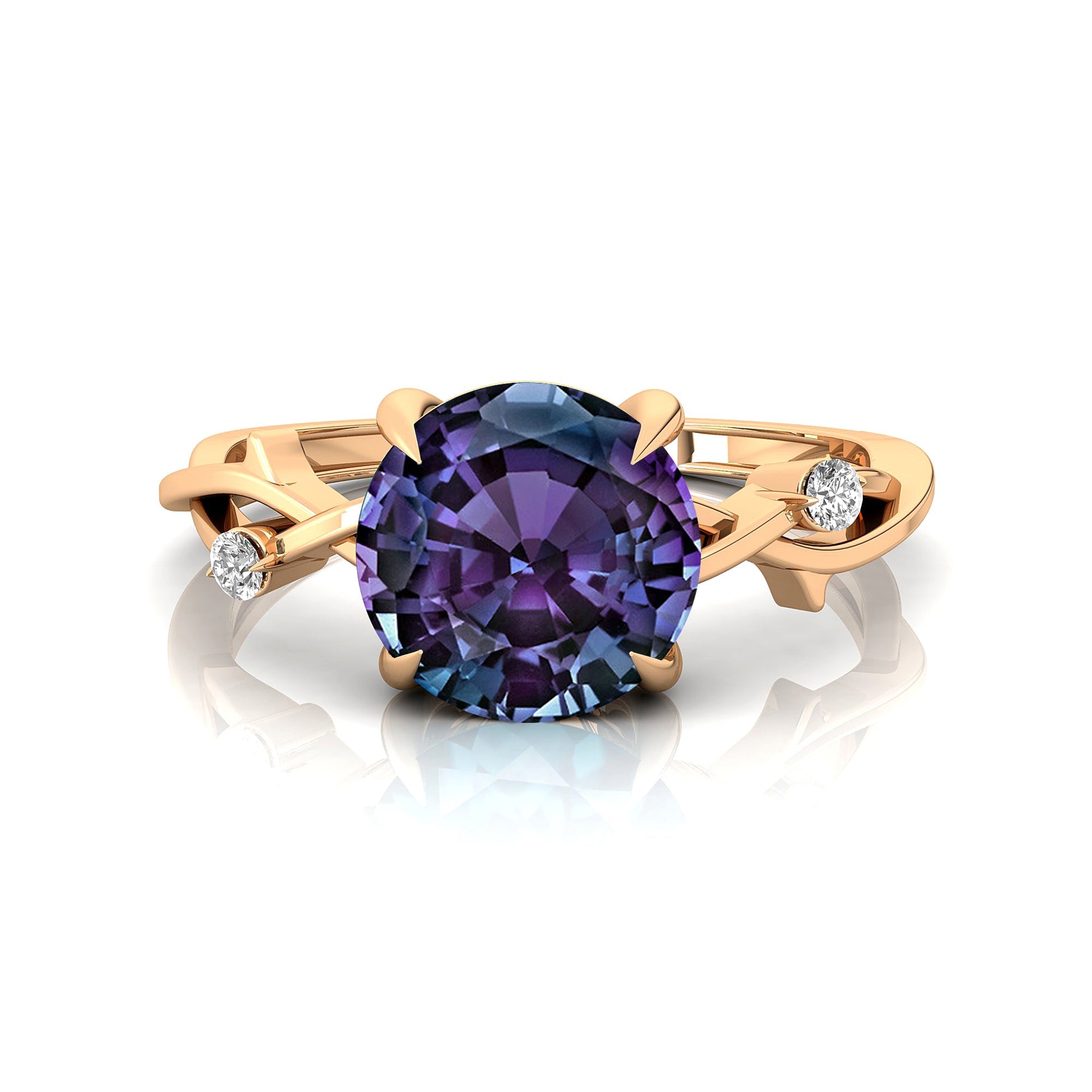 Criss Cross Nature Inspired Diamond Ring  with Round Alexandrite - GeumJewels