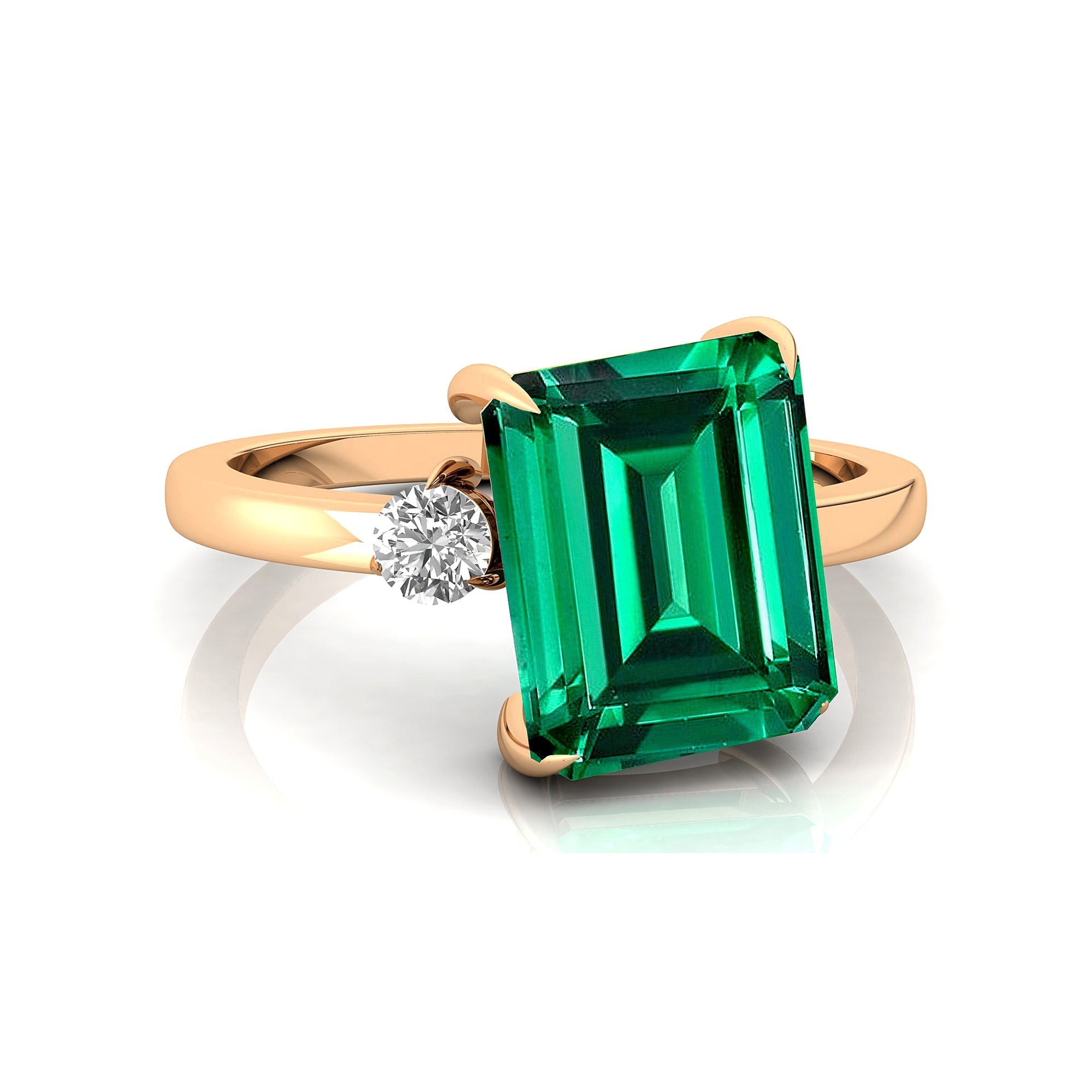 Emerald Shaped Emerald with 3mm Accent Solitaire Engagement Ring - GeumJewels