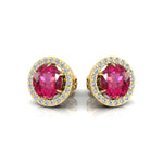 Round Solitaire Pink Sapphire Halo Diamond Stud Earrings - GeumJewels