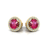 Round Solitaire Pink Sapphire Halo Diamond Stud Earrings - GeumJewels