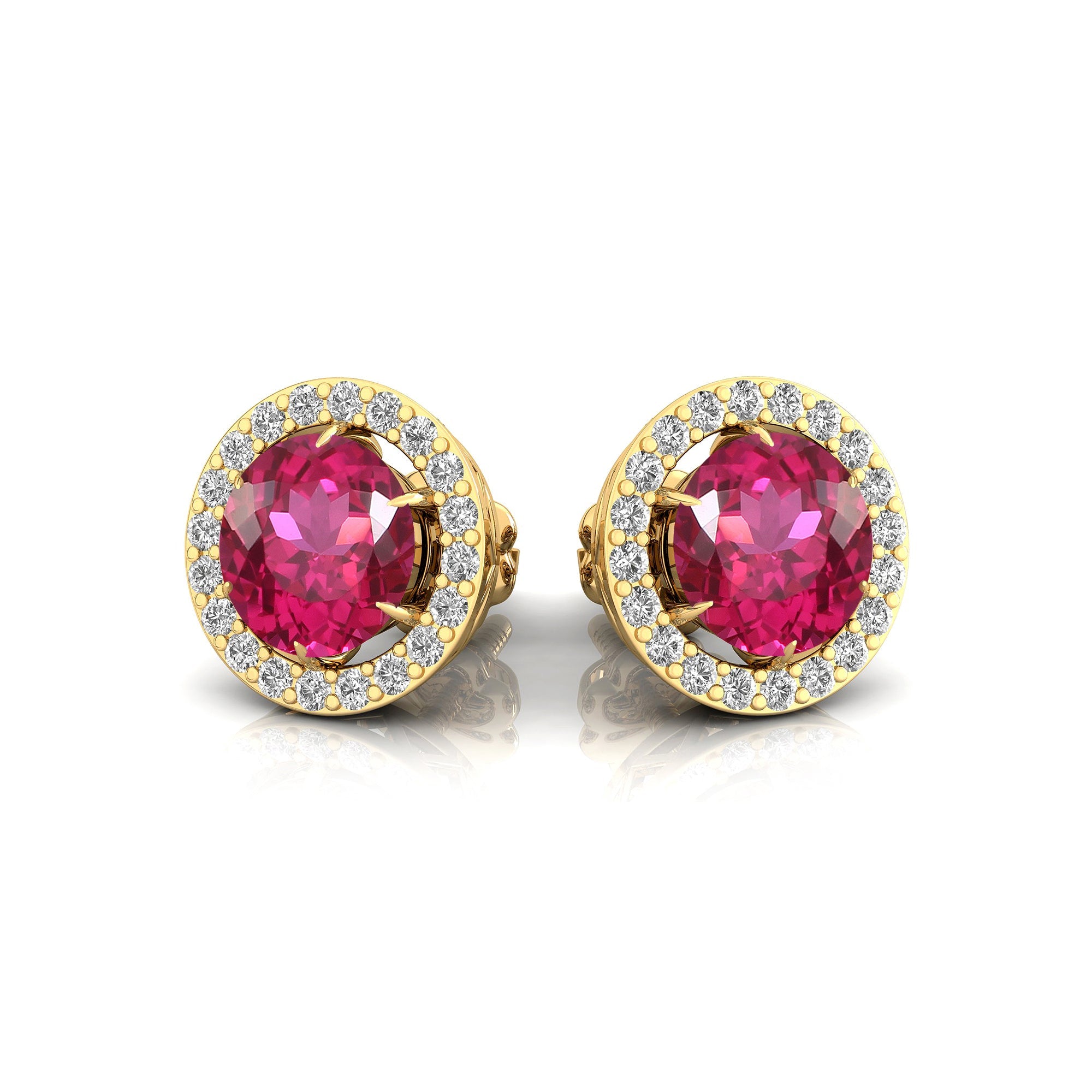 Round Solitaire Pink Sapphire Halo Diamond Stud Earrings - GeumJewels