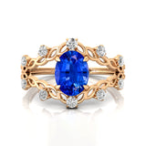 Flower Inspired Ring with Oval Shaped Blue Sapphire and Accent Diamonds - GeumJewels
