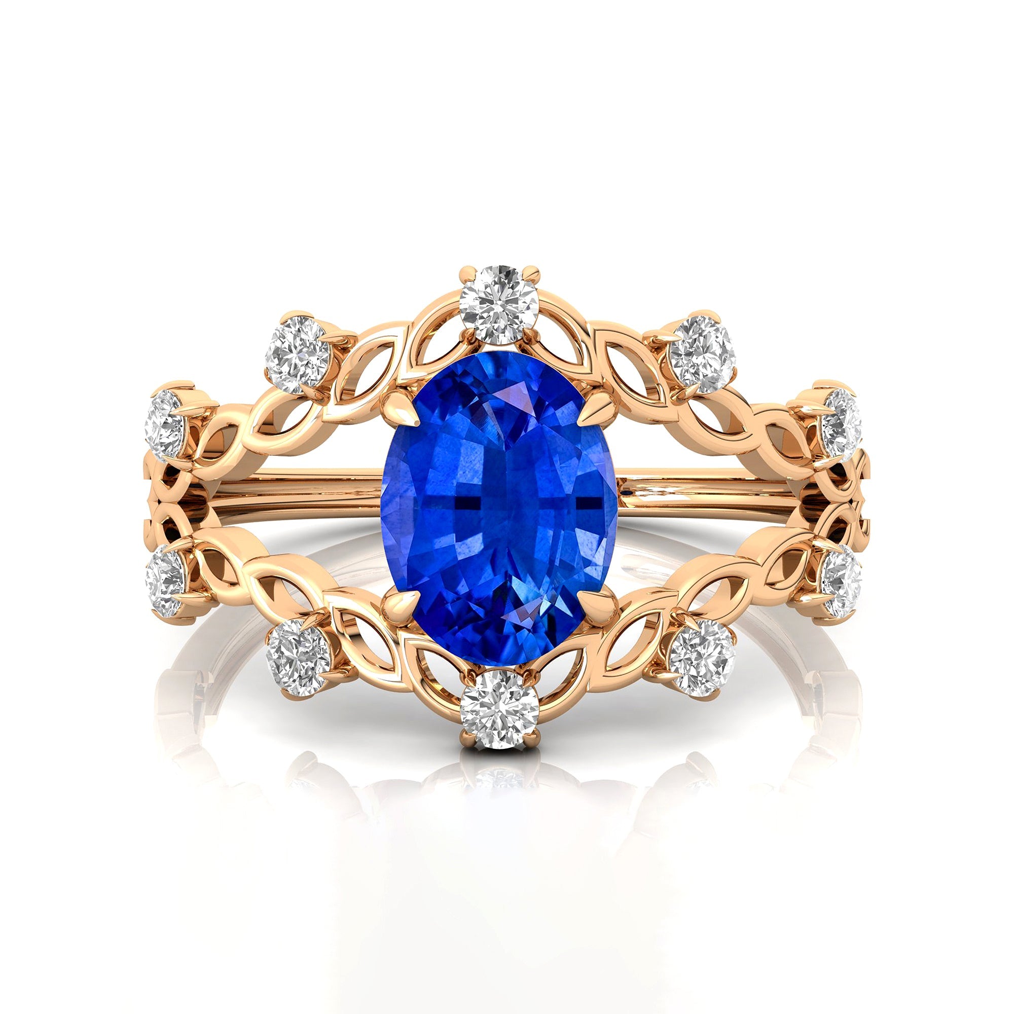 Flower Inspired Ring with Oval Shaped Blue Sapphire and Accent Diamonds - GeumJewels