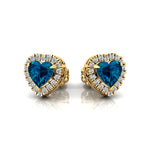 Heart Shaped London Blue Topaz Halo Diamond Stud Earrings - GeumJewels