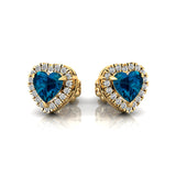 Heart Shaped London Blue Topaz Halo Diamond Stud Earrings - GeumJewels