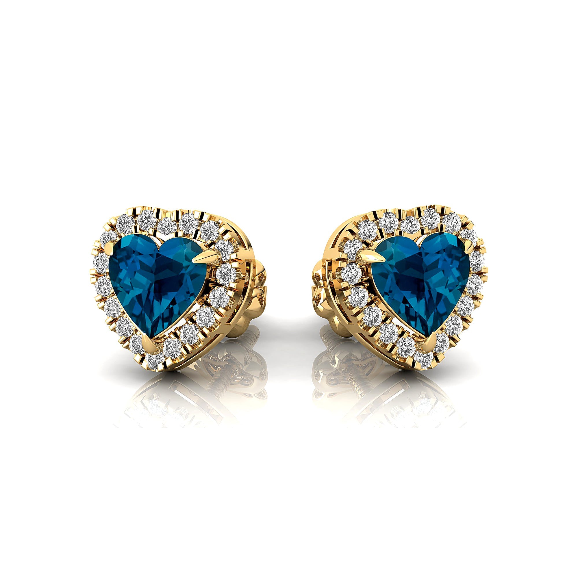 Heart Shaped London Blue Topaz Halo Diamond Stud Earrings - GeumJewels