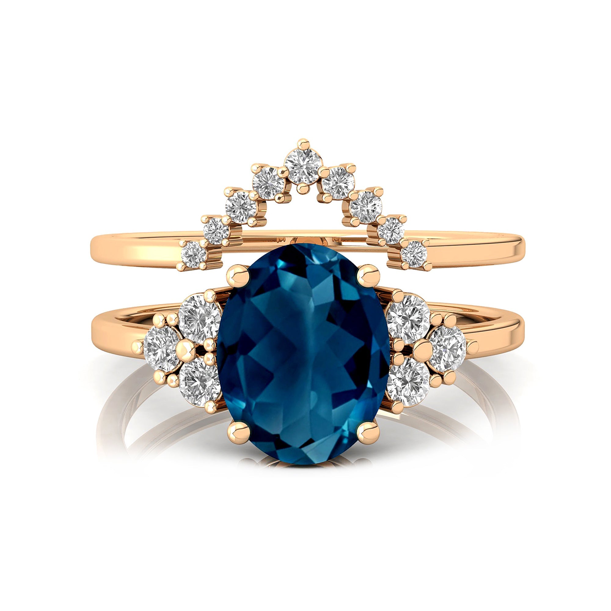 London Blue Topaz Gold Ring With Stackable Diamond Band - GeumJewels