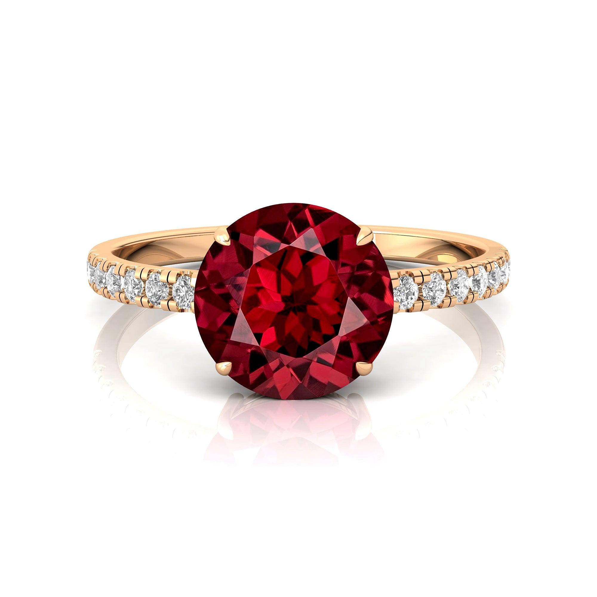 Classic Six Prong Round Solitaire Garnet Ring with Accent Diamond Band - GeumJewels