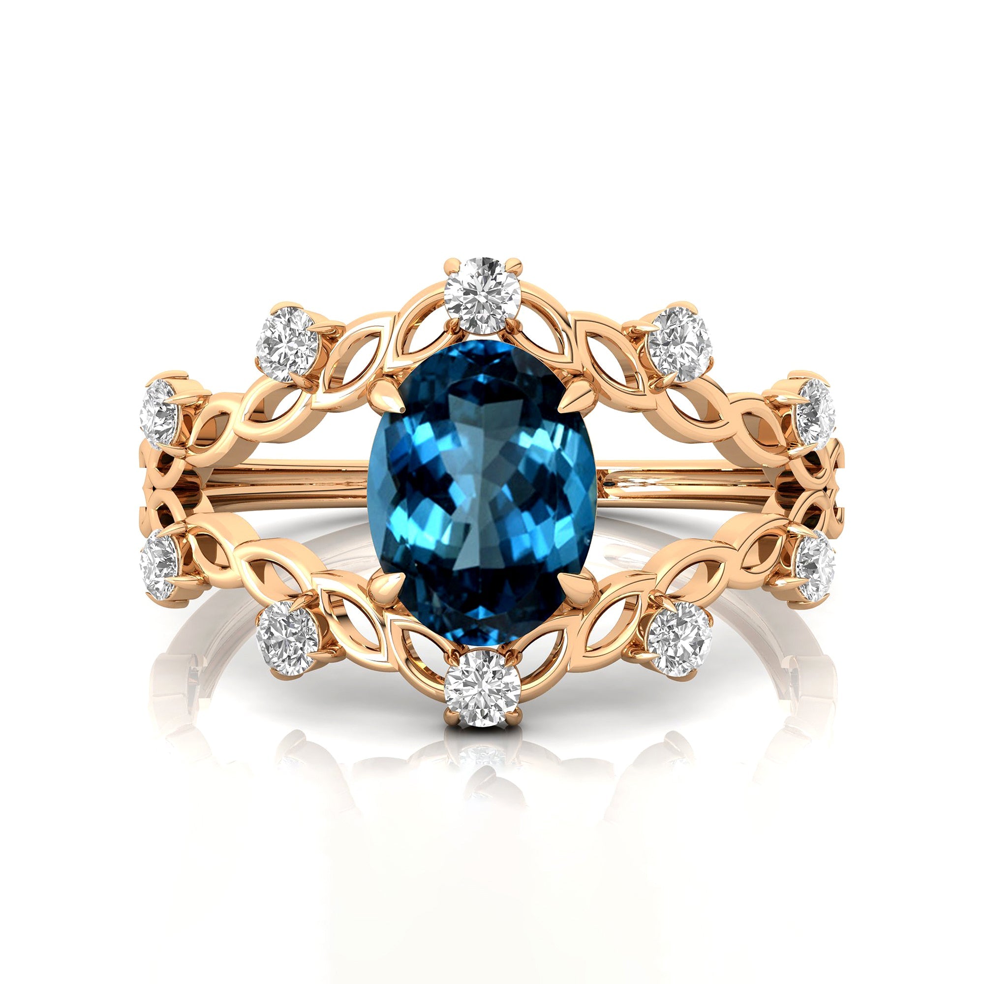 Flower Inspired Ring with Oval Shaped London Blue Topaz and Accent Diamonds - GeumJewels