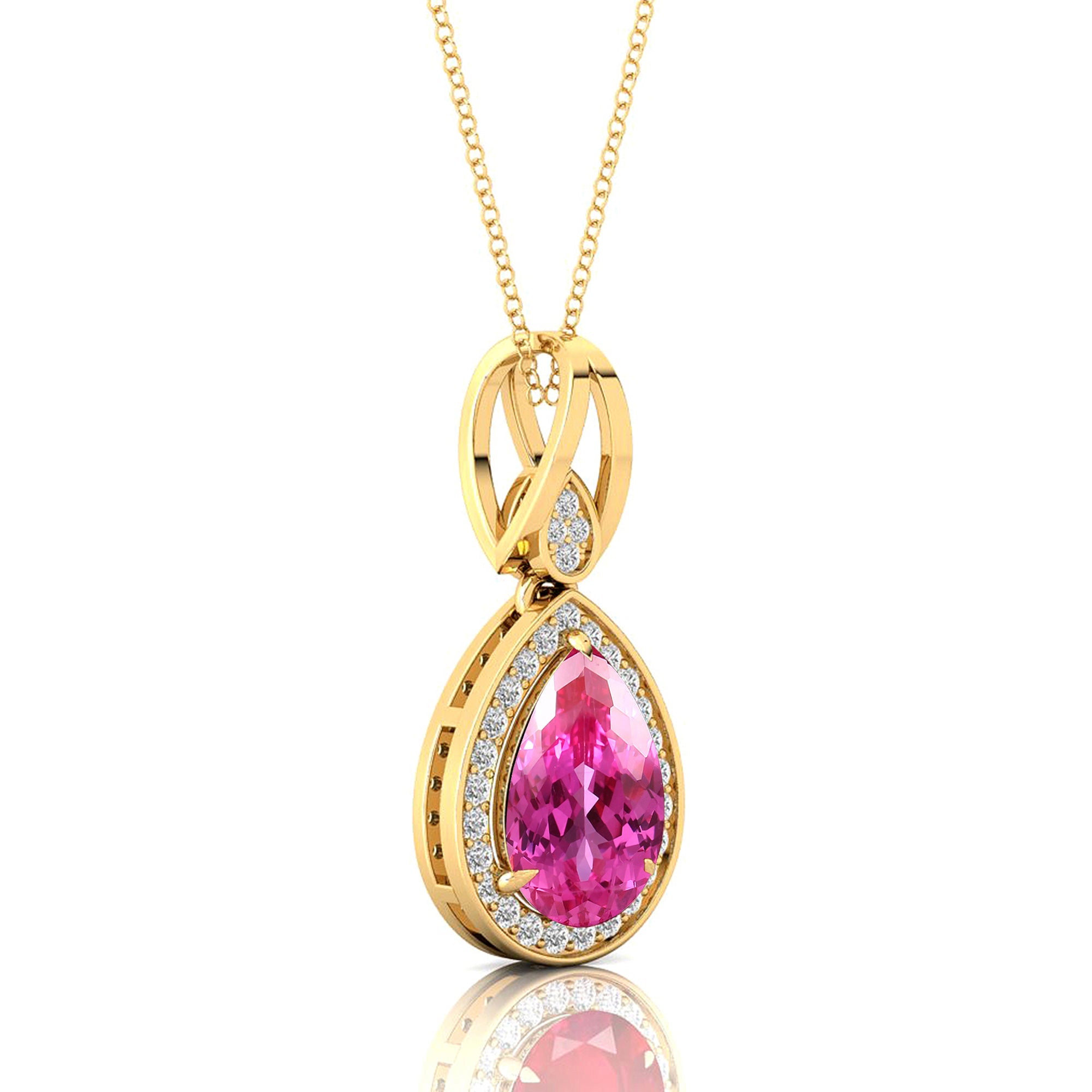 Classic Teardrop Shaped Pink Sapphire Halo Diamond Dangle Pendant - GeumJewels
