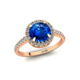 Classic Round Halo Diamonds with Solitaire Blue Sapphire Engagement Ring - GeumJewels