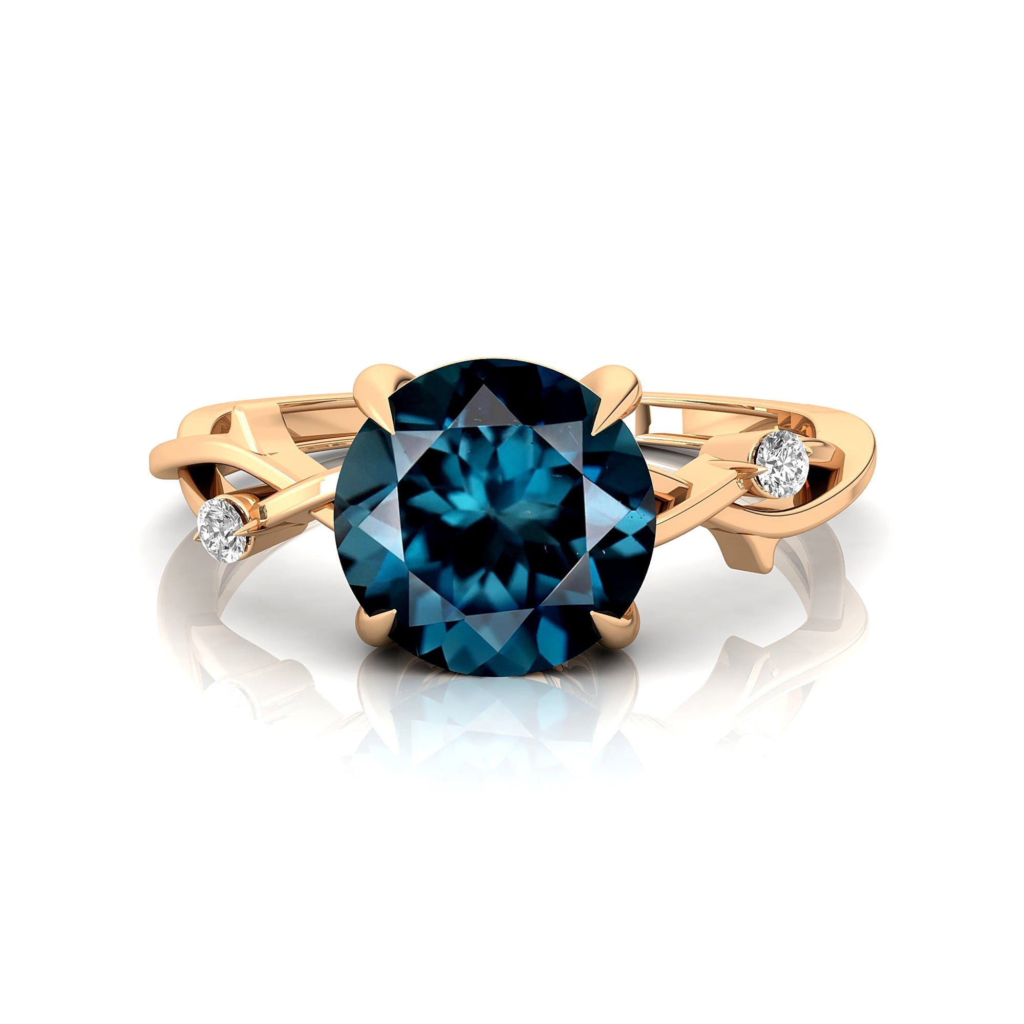 Criss Cross Nature Inspired Diamond Ring  with Round London Blue Topaz - GeumJewels