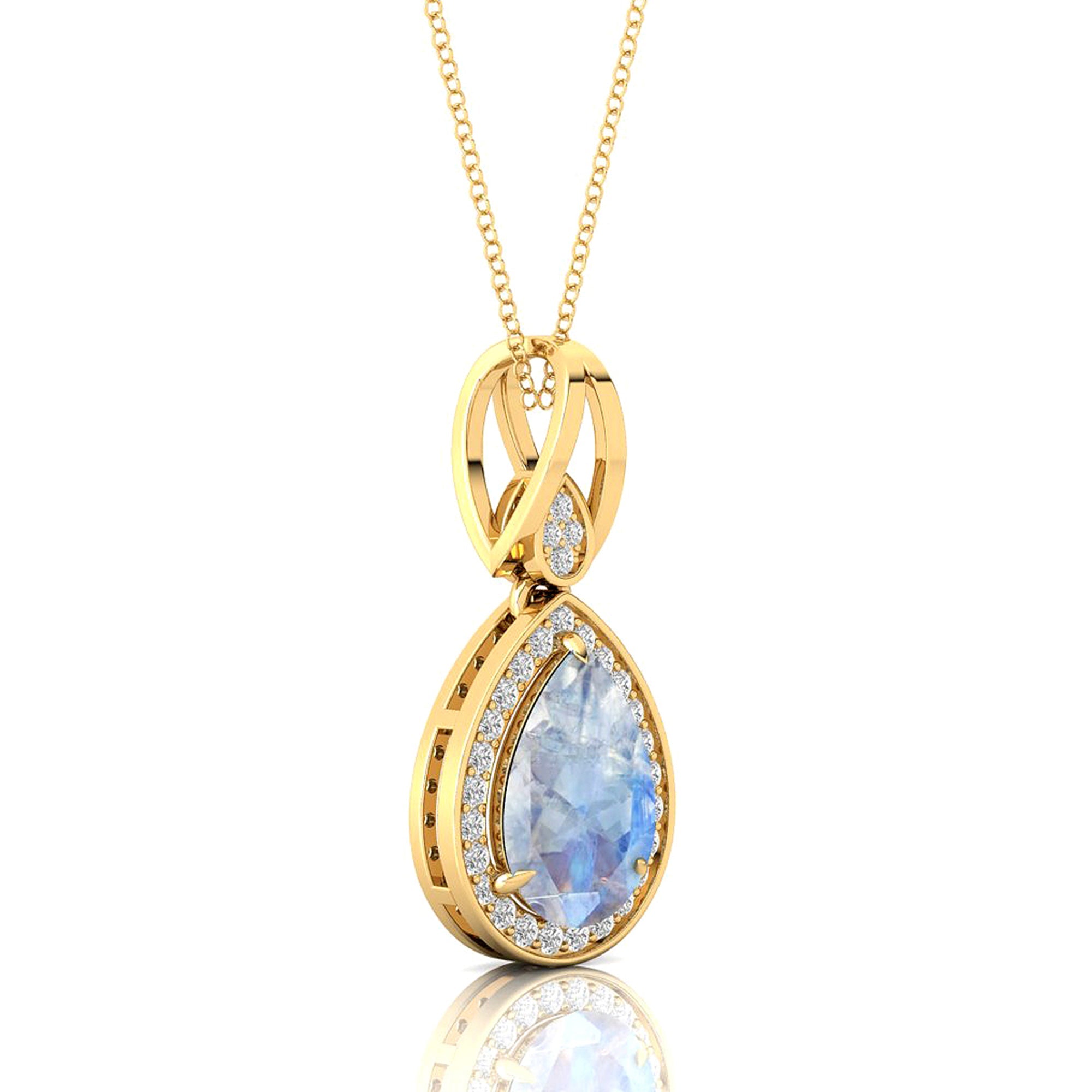 Classic Teardrop Shaped Moonstone Halo Diamond Dangle Pendant - GeumJewels