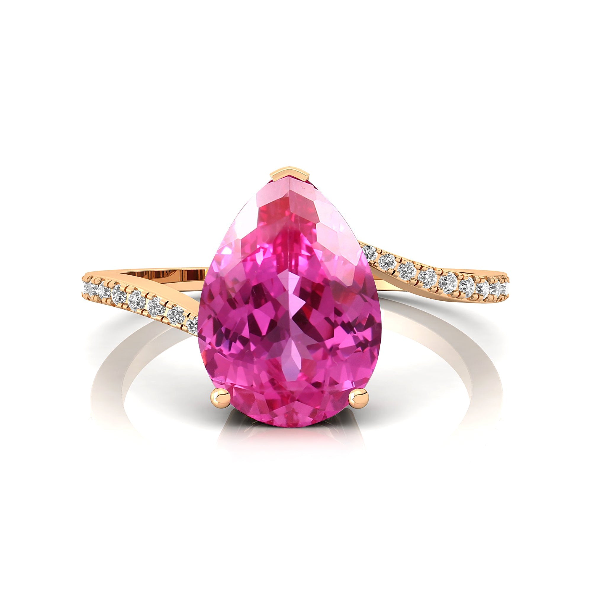 Twisted Up Down Band Pear Shaped Pink Sapphire Ring with Accent Diamonds - GeumJewels