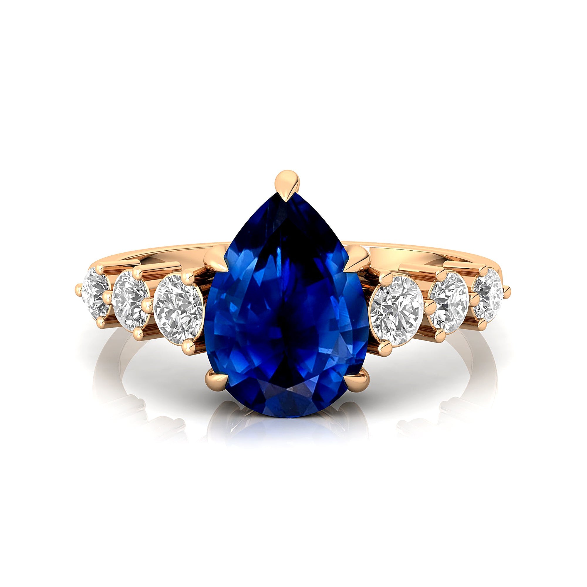 Pear Cut Blue Sapphire with Graduated Diamonds Ring - GeumJewels