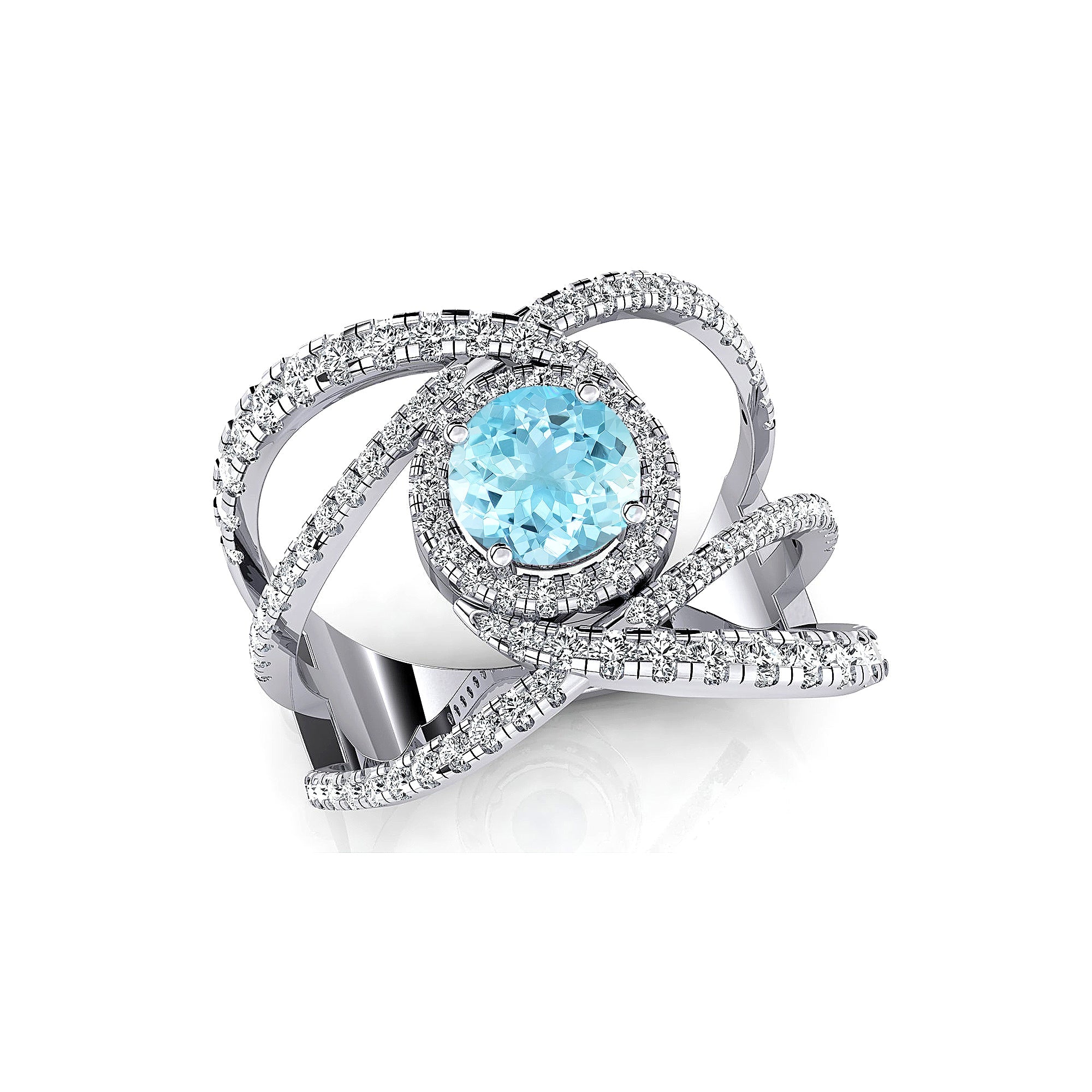 Solitaire Round Aquamarine Cocktail Diamond Ring - GeumJewels