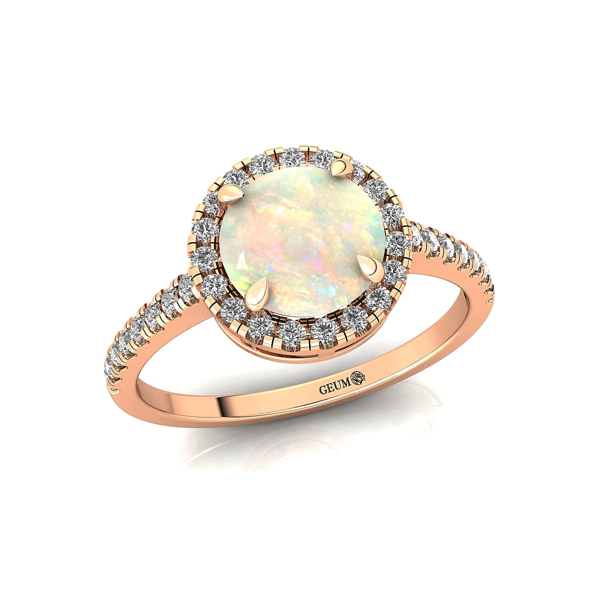 Classic Round Halo Diamonds with Solitaire Opal Engagement Ring - GeumJewels