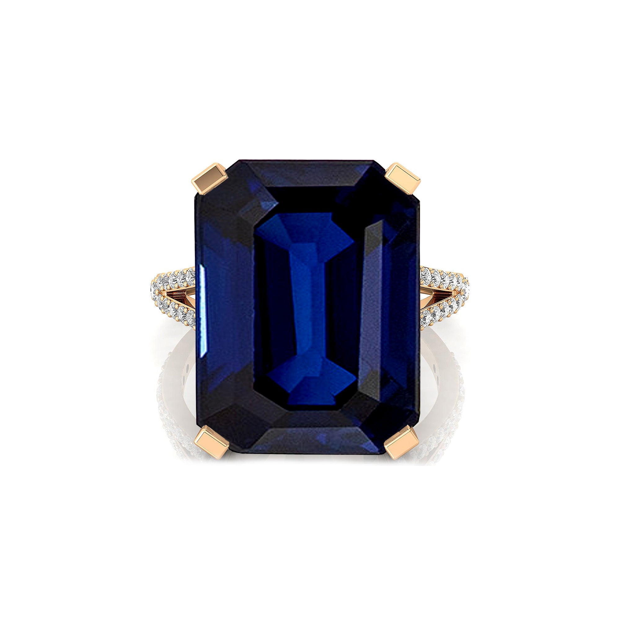 Emerald Cut Blue Sapphire Split Shank Engagement Ring with Diamonds - GeumJewels