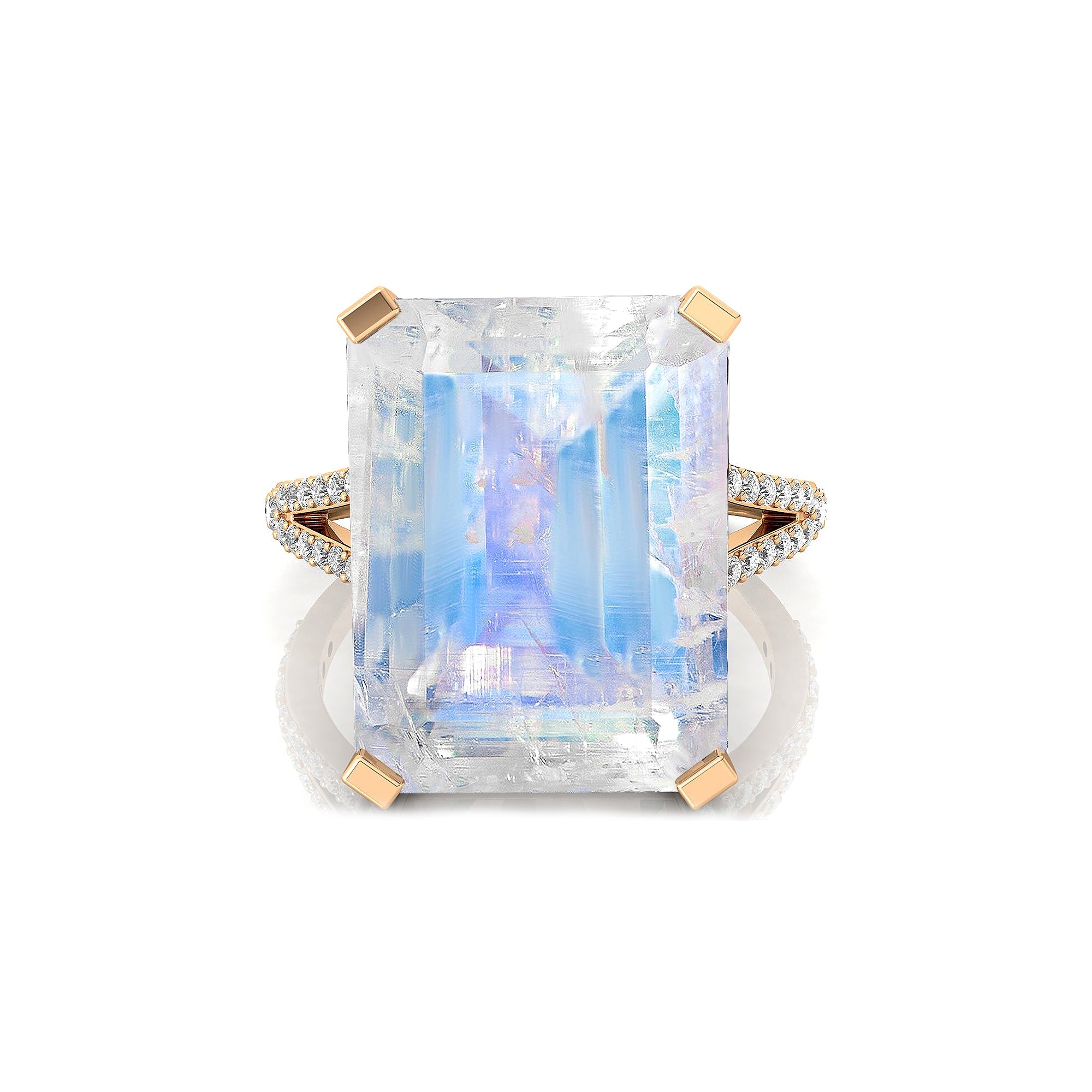 Emerald Cut Moonstone Split Shank Engagement Ring with Diamonds - GeumJewels