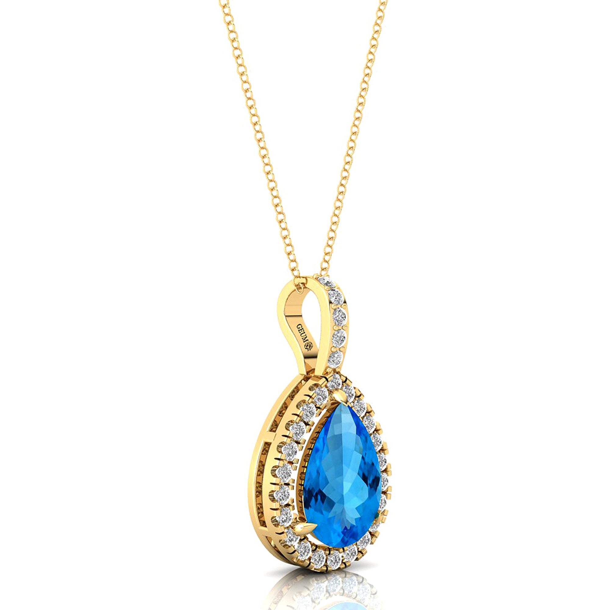 Swiss Blue Topaz Teardrop Pendant with Diamond Halo - GeumJewels