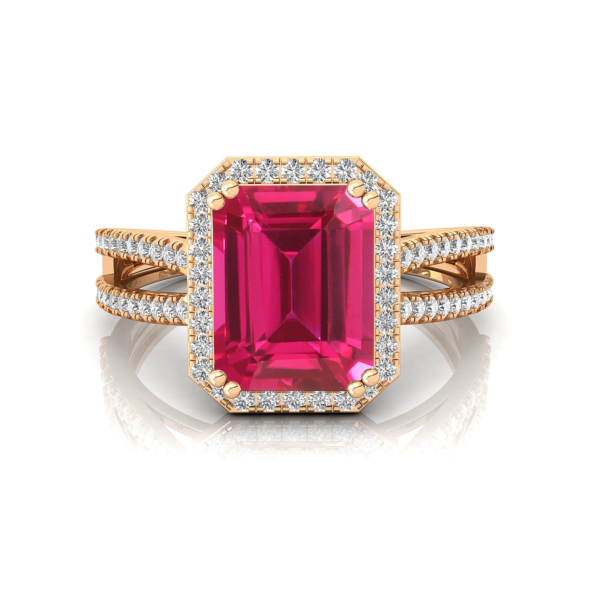 Halo Set Emerald Shaped Pink Sapphire Split Shank Ring with Accent Diamonds - GeumJewels