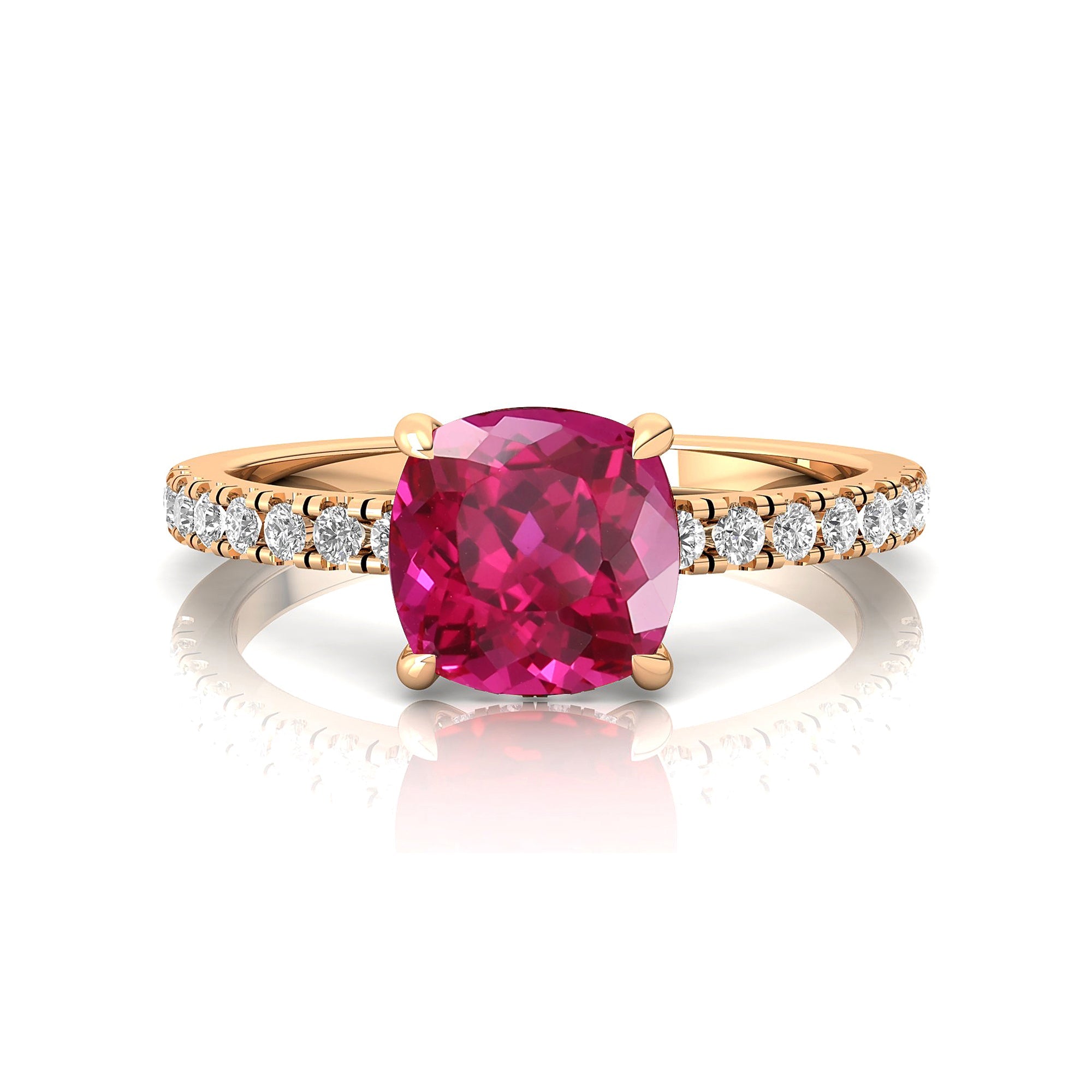 Pink Sapphire Square Cushion Under Halo Diamonds Thin Ring with Diamond Band - GeumJewels