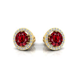 Round Solitaire Garnet Halo Diamond Stud Earrings - GeumJewels