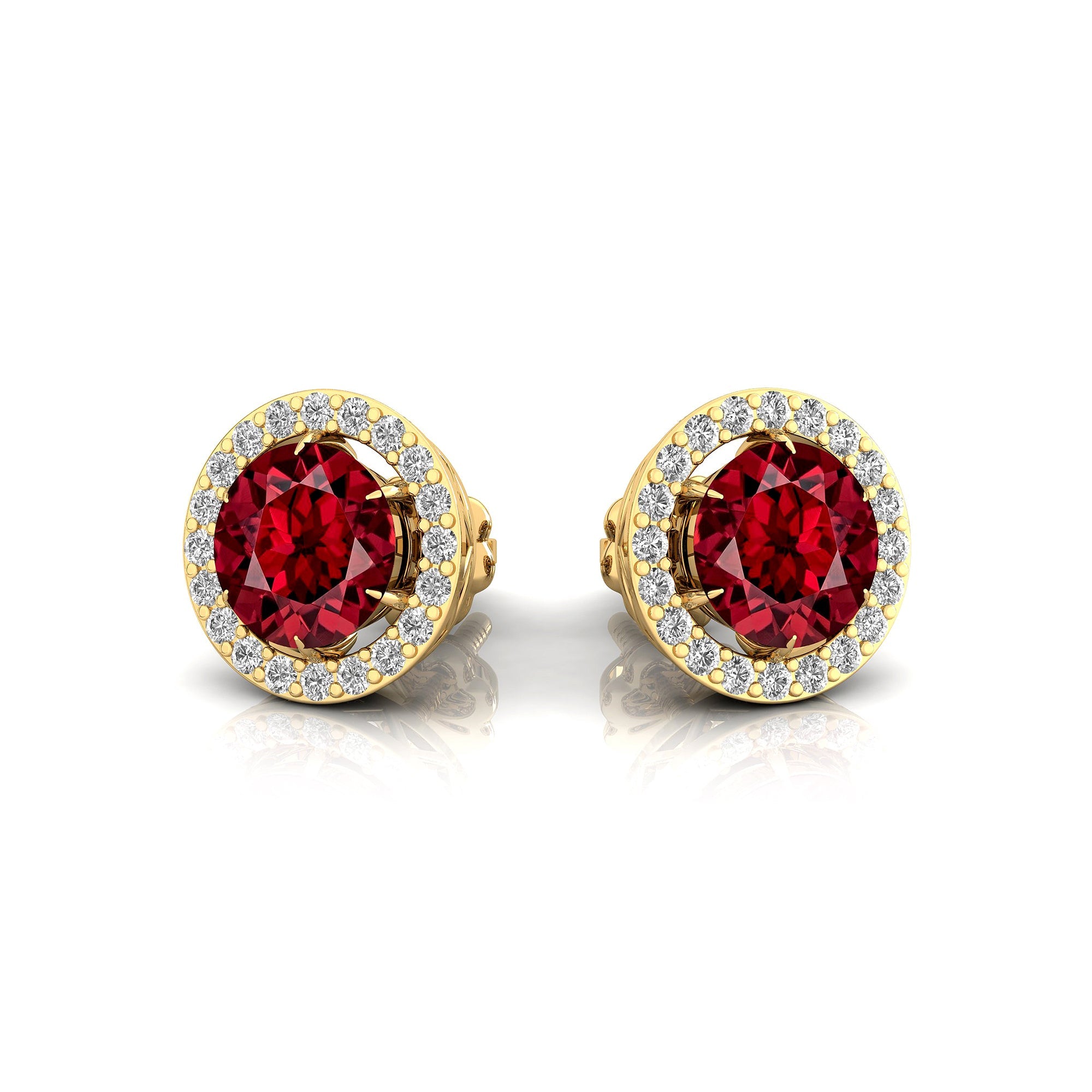 Round Solitaire Garnet Halo Diamond Stud Earrings - GeumJewels