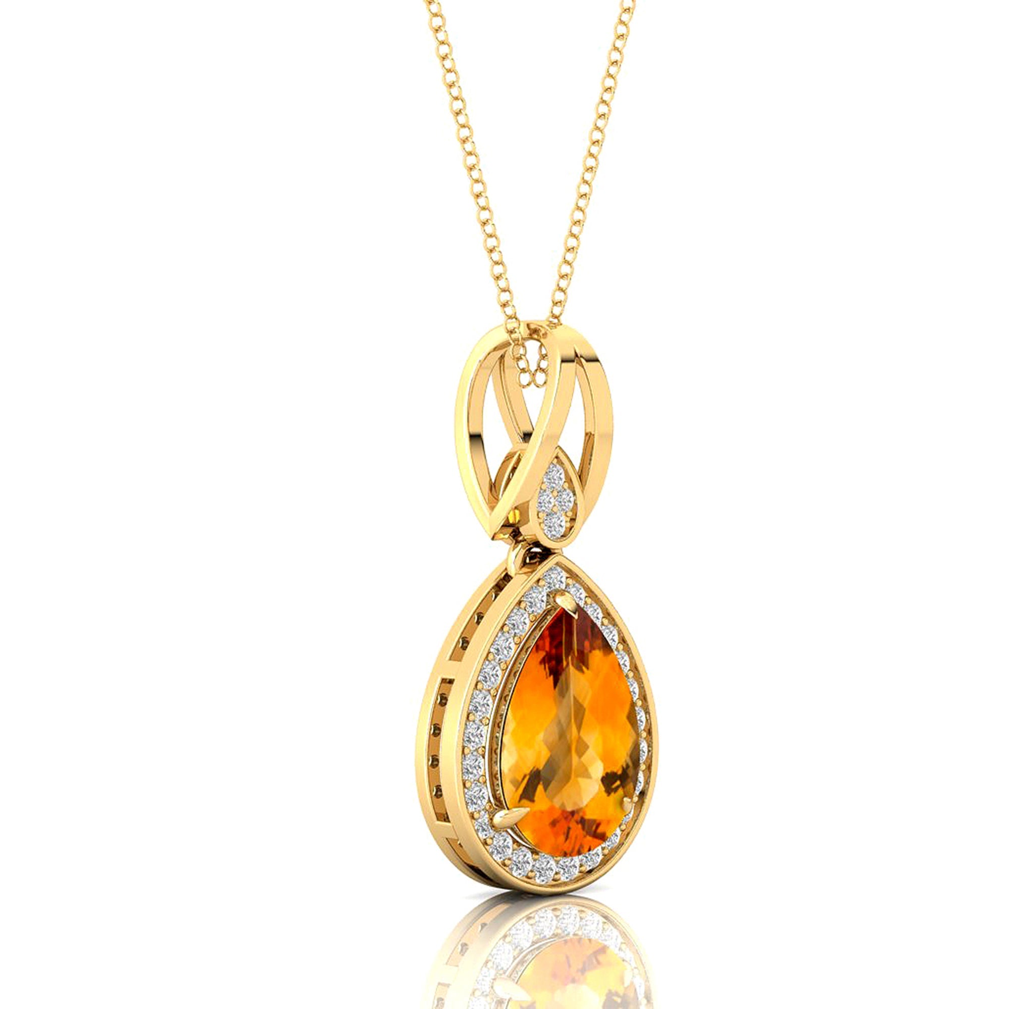 Classic Teardrop Shaped Citrine Halo Diamond Dangle Pendant - GeumJewels