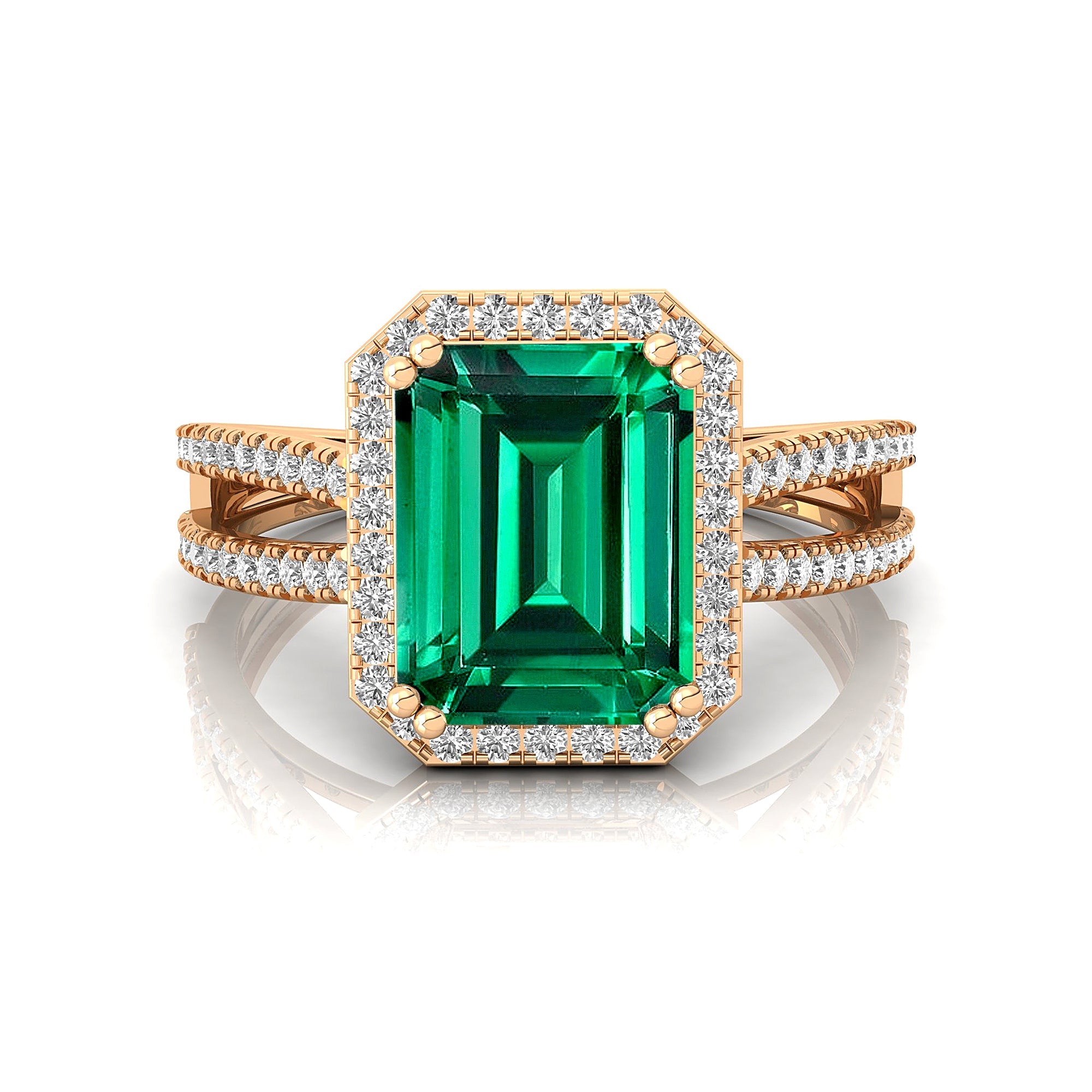 Halo Set Emerald Shaped Emerald Split Shank Ring with Accent Diamonds - GeumJewels