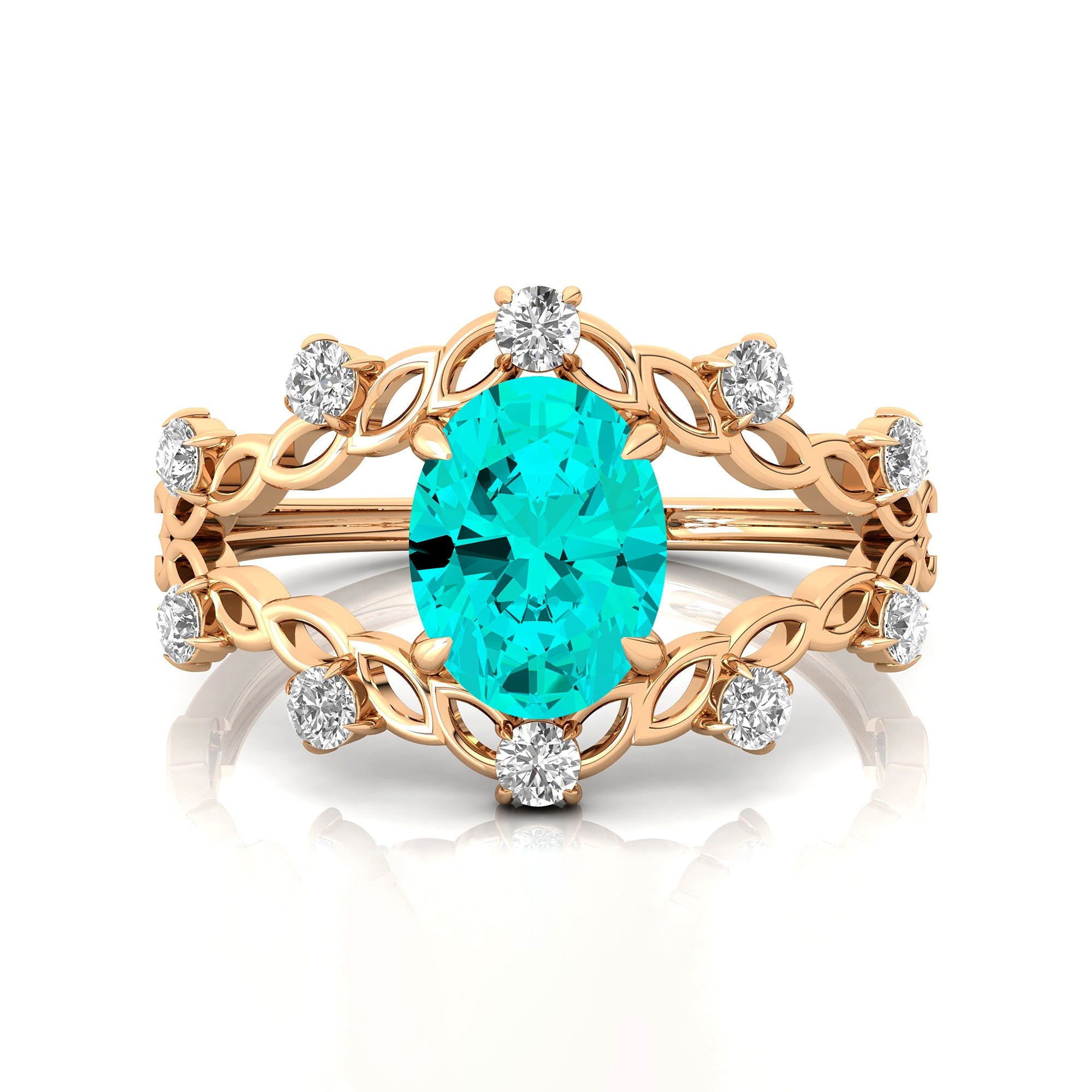 Flower Inspired Ring with Oval Shaped Paraiba Tourmaline and Accent Diamonds - GeumJewels