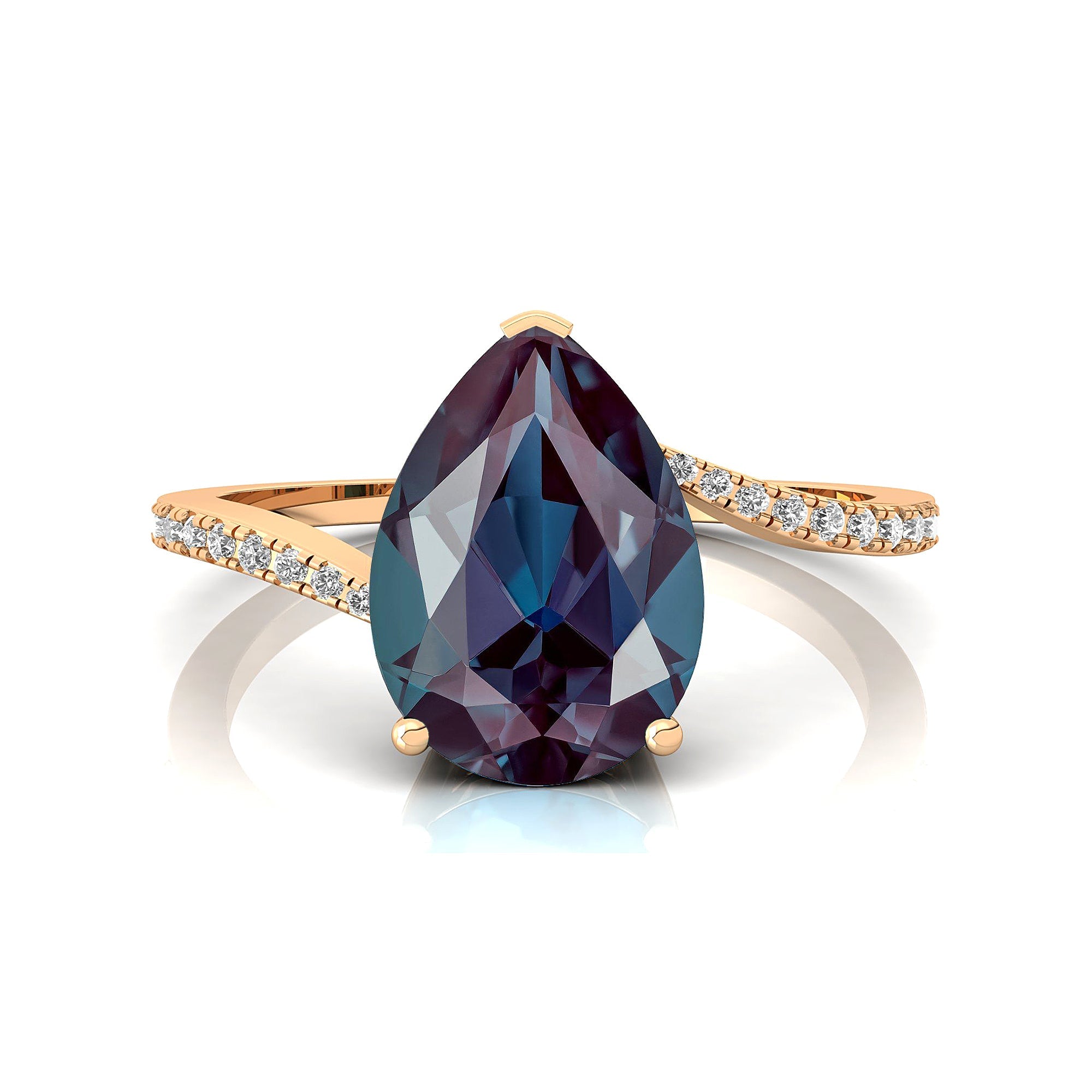 Twisted Up Down Band Pear Shaped Alexandrite Ring with Accent Diamonds - GeumJewels