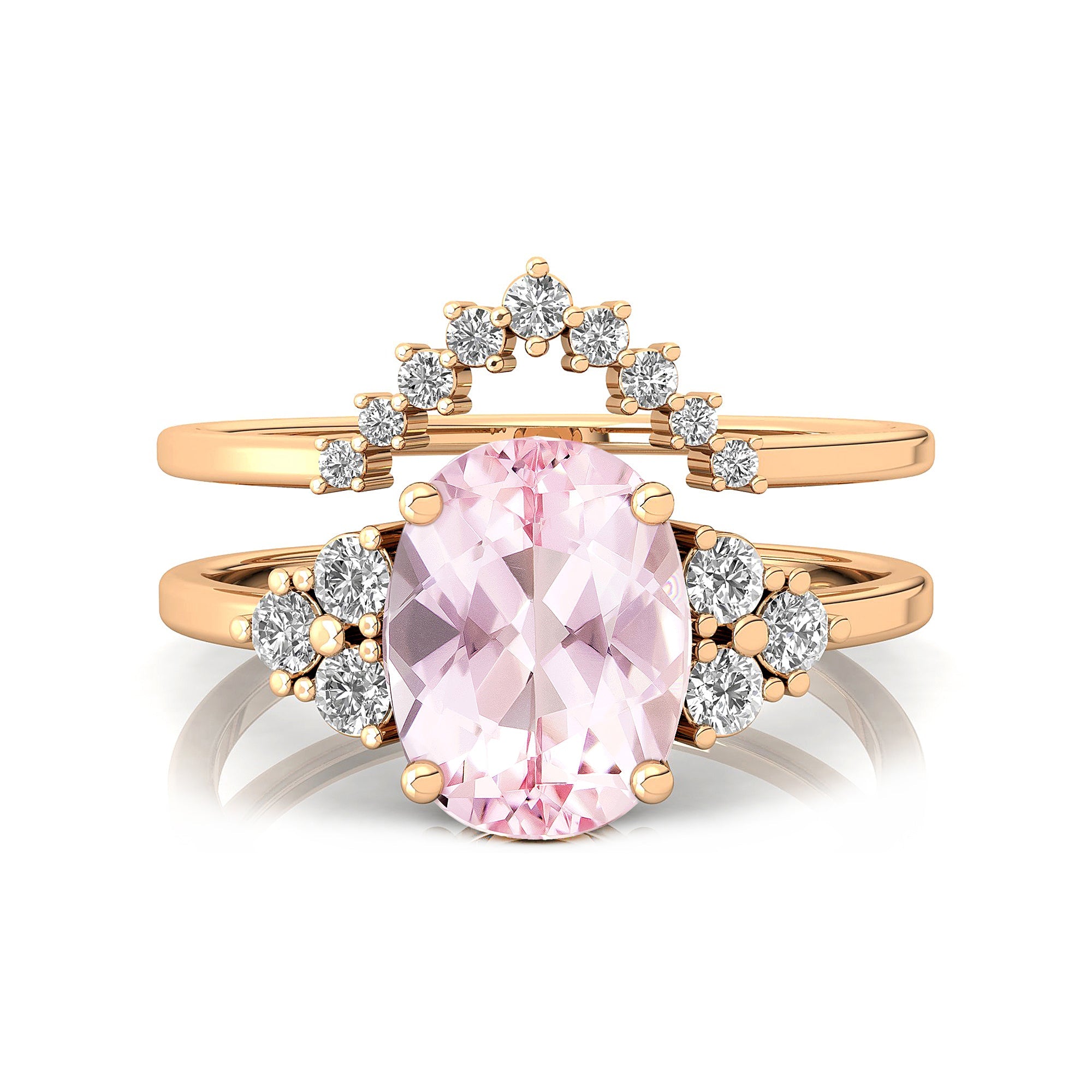 Morganite Gold Ring With Stackable Diamond Band - GeumJewels