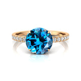 Classic Six Prong Round Solitaire London Blue Topaz Ring with Accent Diamond Band - GeumJewels