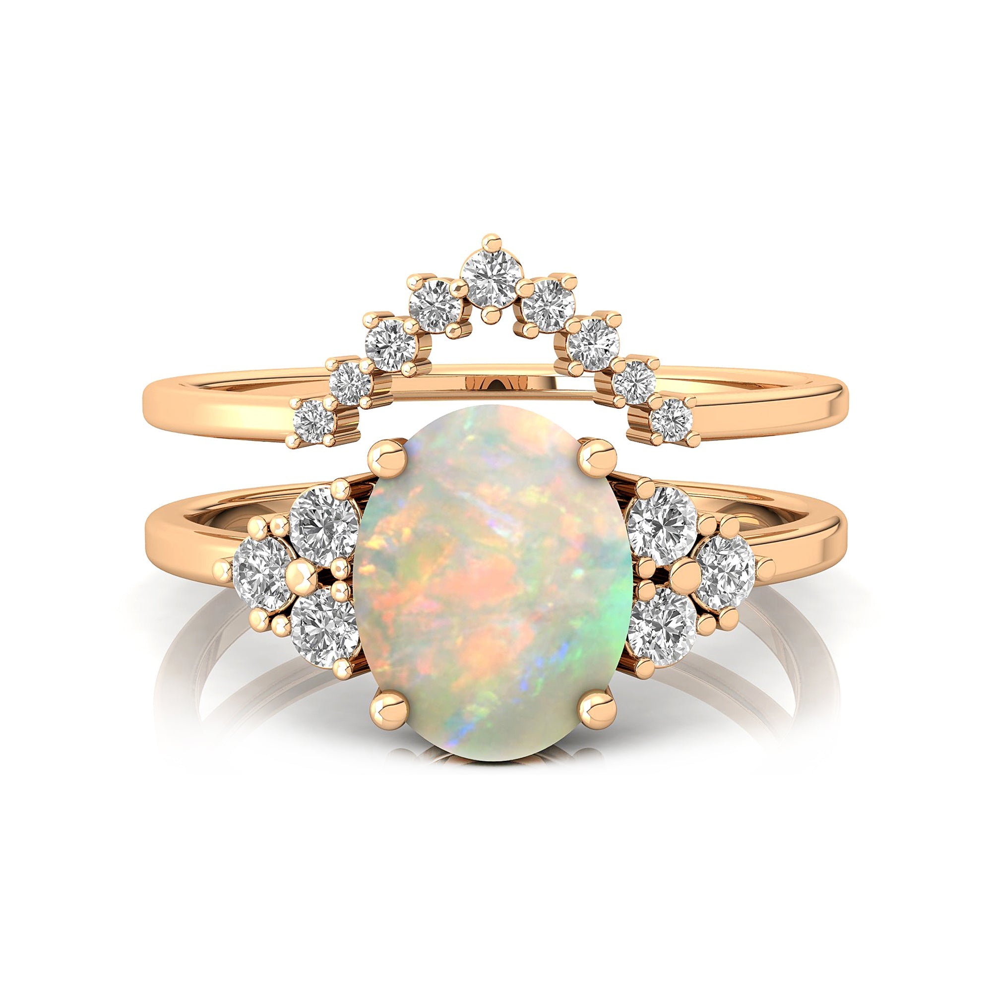 Opal Solitaire Gemstone Ring with Stackable Diamond Band - GeumJewels
