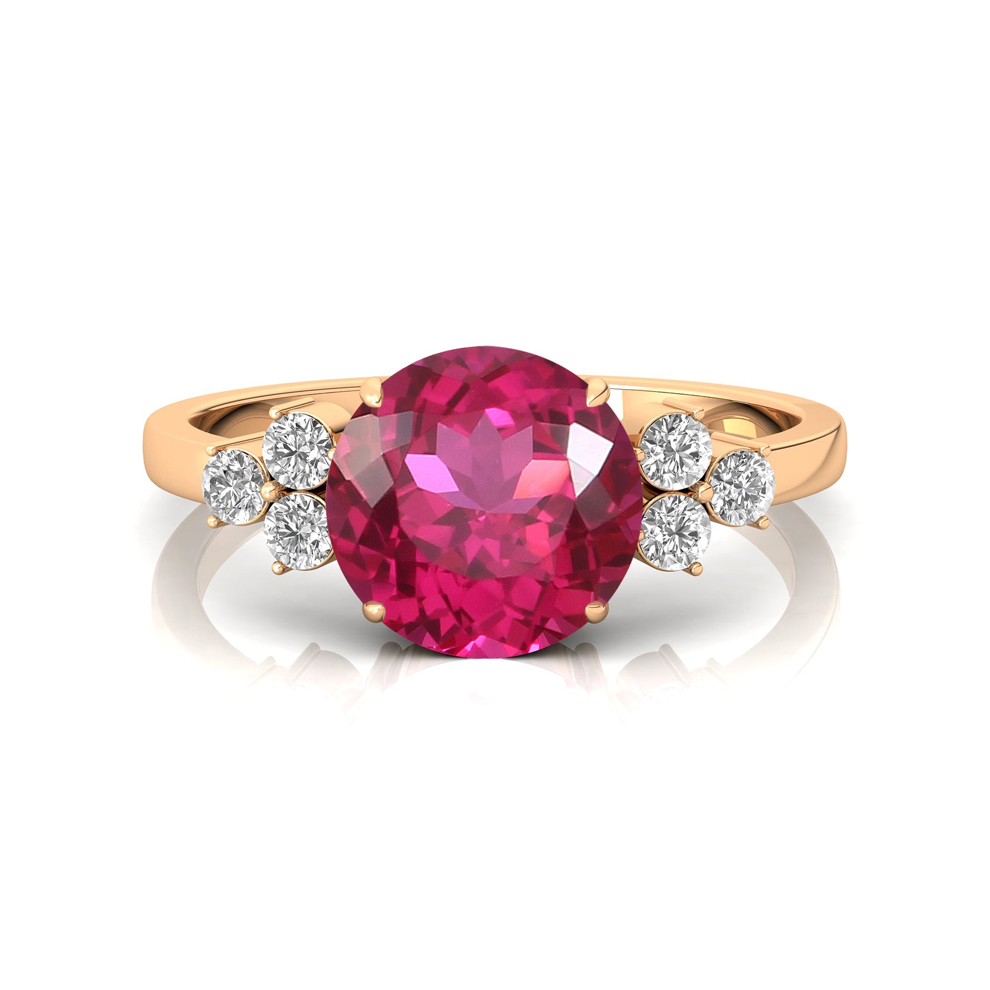 Trio Diamond Engagement Ring with Round Solitaire Pink Sapphire - GeumJewels