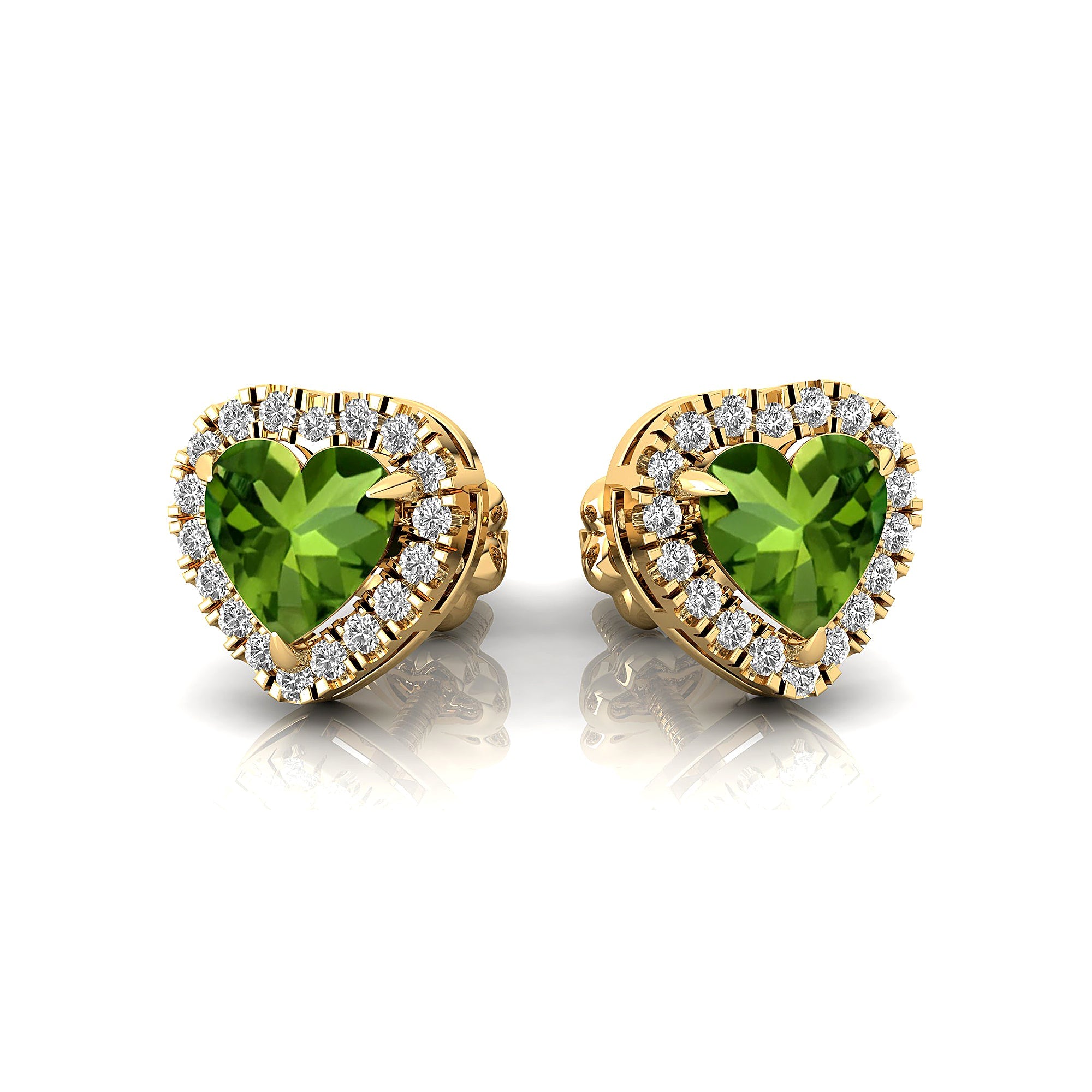Heart Shaped Peridot Halo Diamond Stud Earrings - GeumJewels