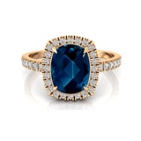 Elongated Cushion Halo Set London Blue Topaz Engagement Ring with Diamond Band - GeumJewels