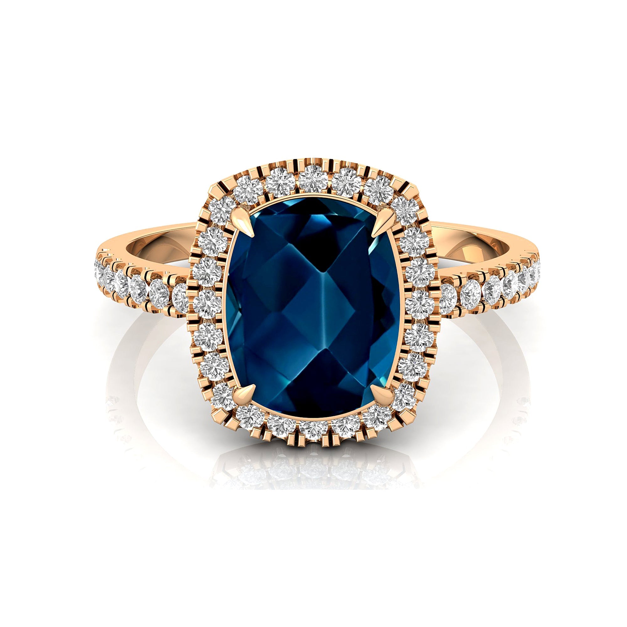 Elongated Cushion Halo Set London Blue Topaz Engagement Ring with Diamond Band - GeumJewels