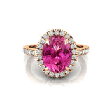 Oval Solitaire Pink Sapphire Halo Diamond Engagement Ring - GeumJewels