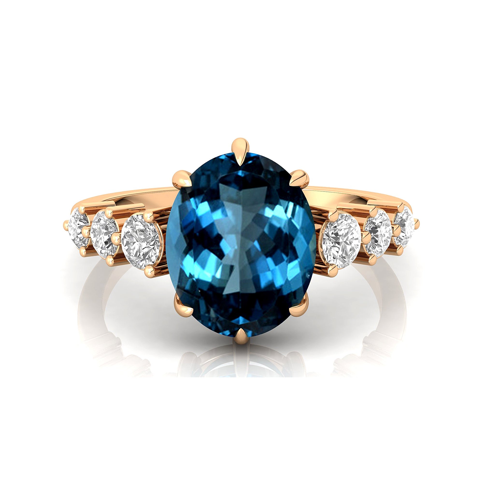 Oval Cut London Blue Topaz with Graduated Diamonds Ring - GeumJewels