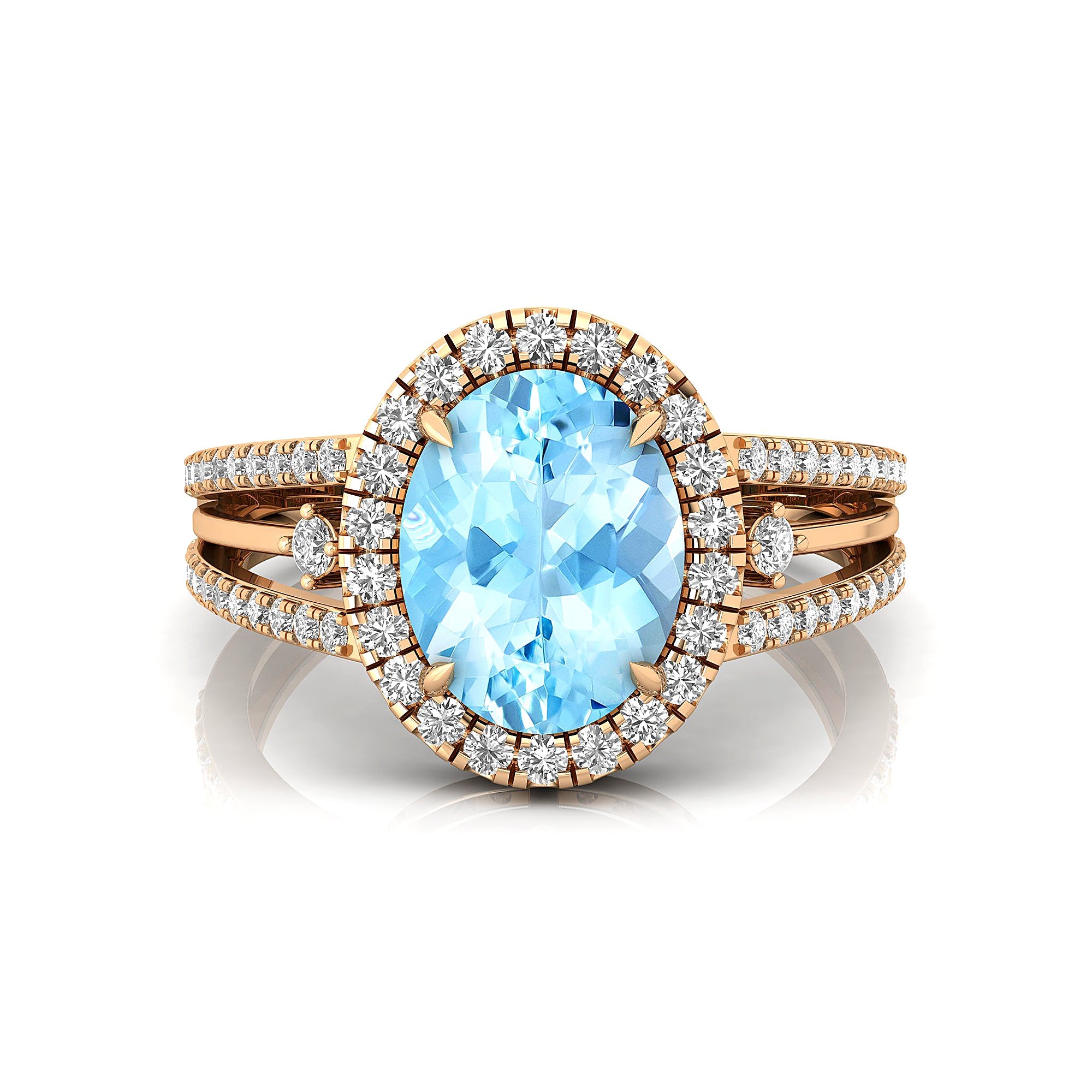 Solitaire Oval Aquamarine Split Shank Diamond Engagement Ring - GeumJewels
